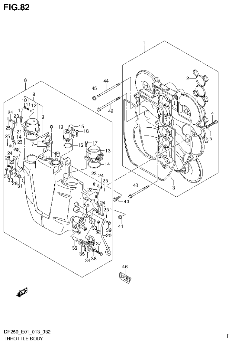 Suzuki DF200T, DF200Z, DF225T, DF225Z, DF250T, DF250Z THROTTLE BODY (DF200Z E1) parts diagram